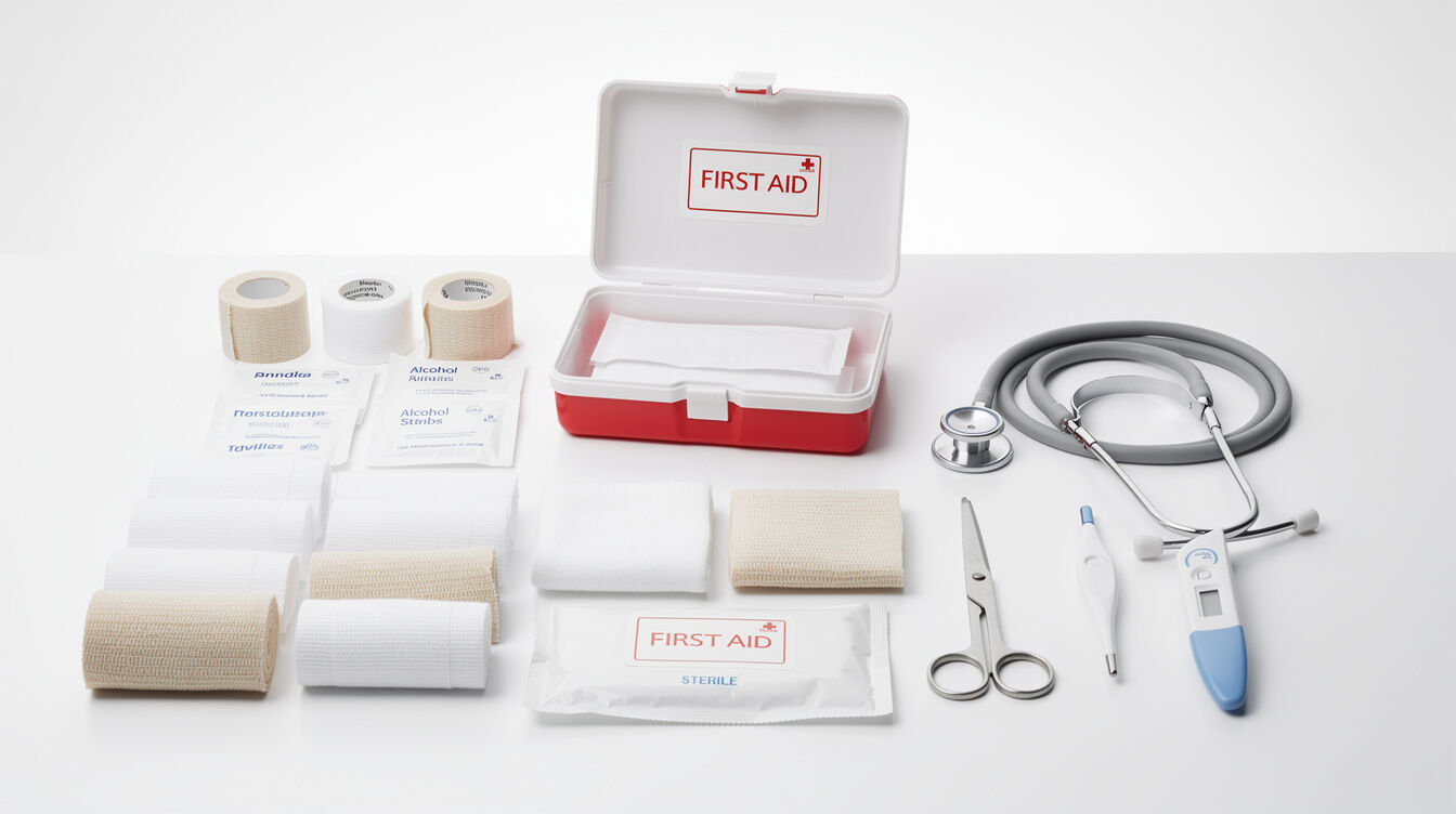 First aid kit with stethoscope and bandages on a table