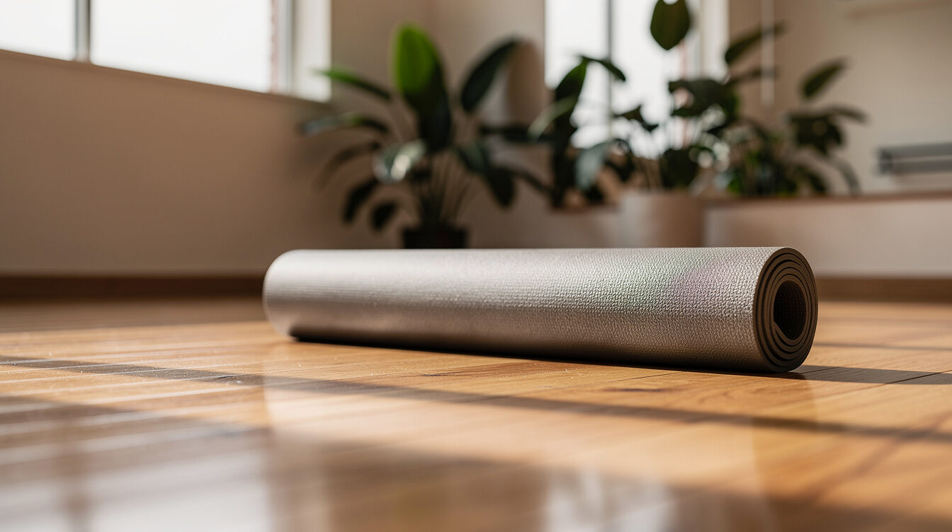 Rolled yoga mat on a wooden studio floor with plants