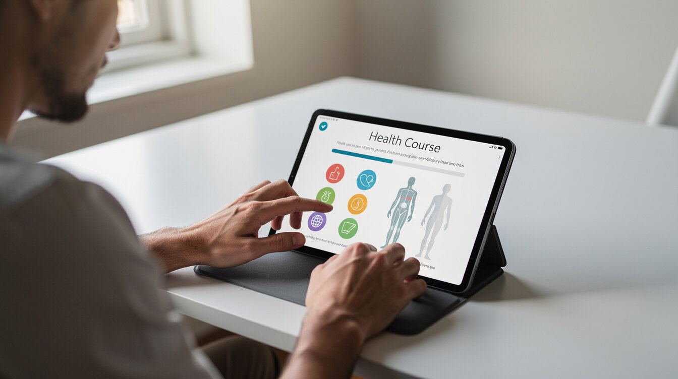 person using tablet for health course