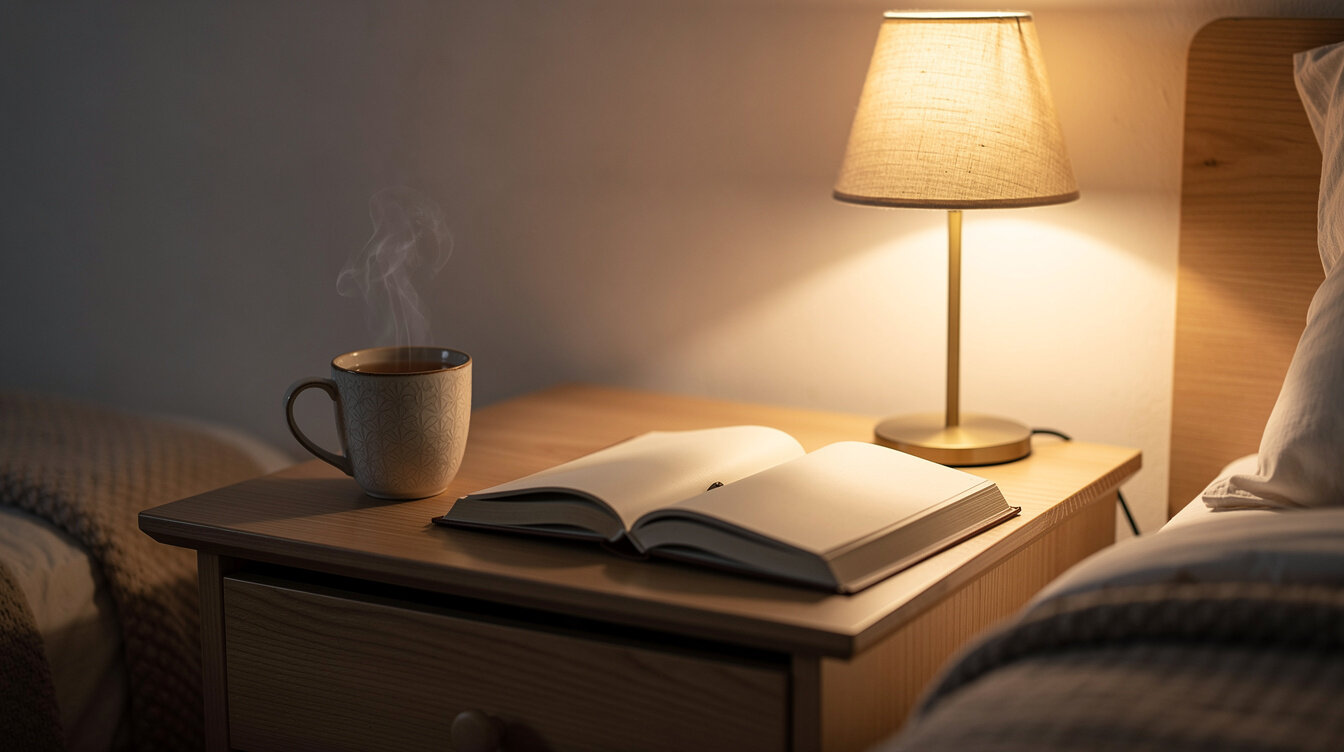 Cozy nightstand with herbal tea, book and warm lamp light